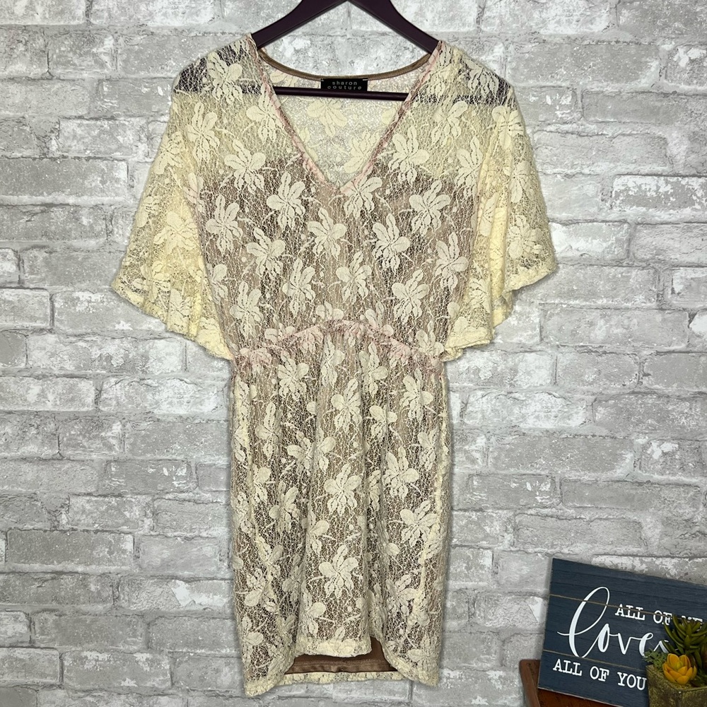 🎉Sharon Couture Crocheted-style cream dress A4-16